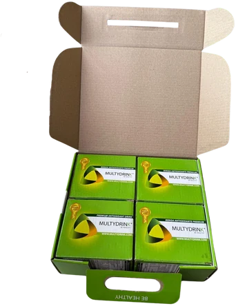 Caja de Multydrink abierta con cuatro cajas pequeñas adentro